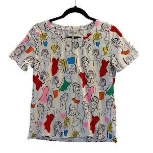 Leo & Ugo Paris Women's White Graphic Top Size 2 Shirt Medium Short Sleeve Artsy